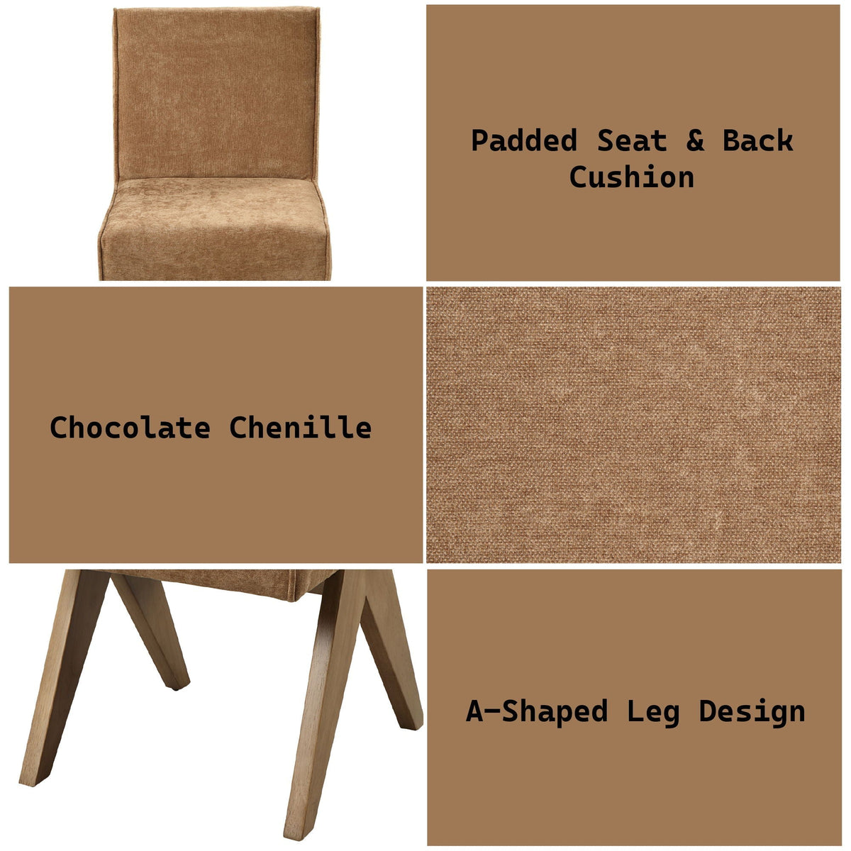 Zoey Side Chair Set of 2 with Padded Chenille Cushion - Chocolate