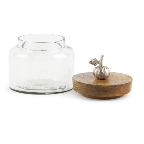 Glass canister with mango wood lid and pumpkin accent (set of 2)
