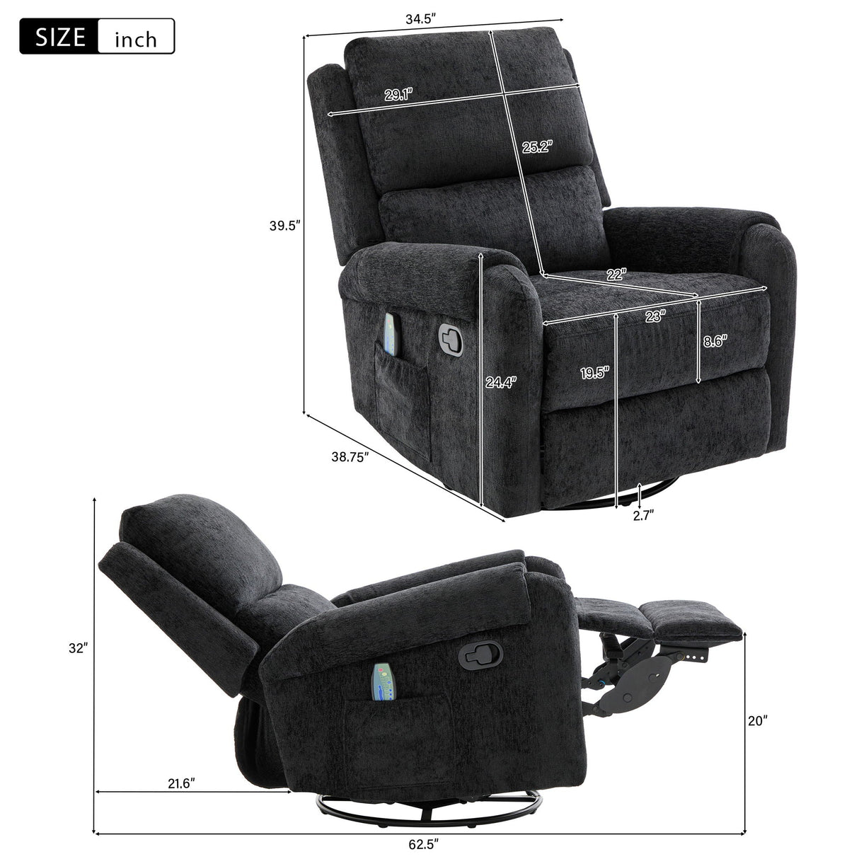 Manual Recliner Massage Chair with Swivel Rocker and 8 Massage Modes