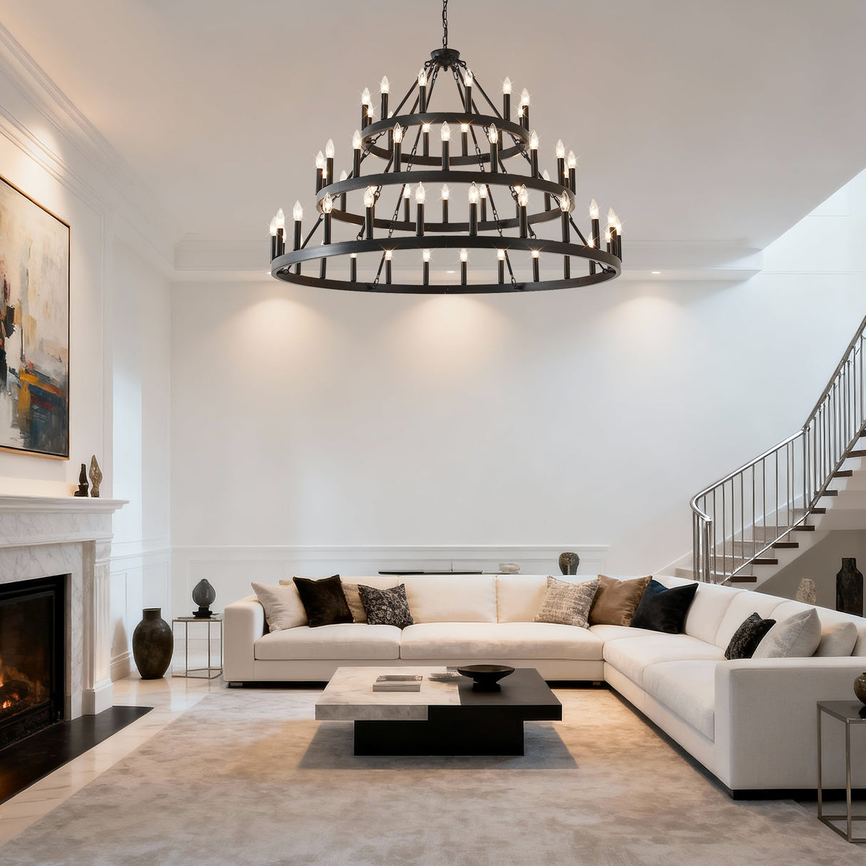 3 Tiers Wagon Wheel Chandelier - 54-Light Matte Black Metal