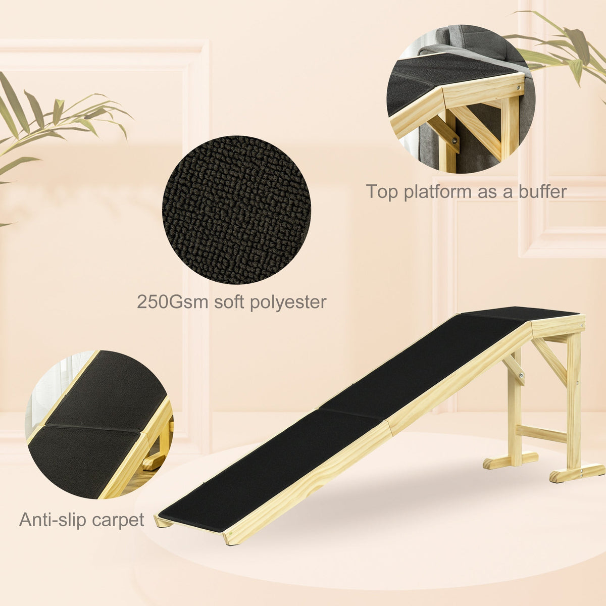Pine Wood Pet Ramp with Non-Slip Carpet - Dog Ramp for Bed