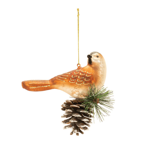 Glittered glass bird and piencone ornament (set of 6)