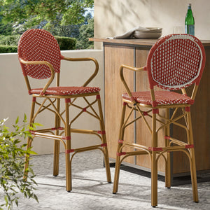Outdoor Wicker and Aluminum French Barstools, Set of 2