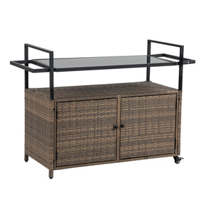 Outdoor Wicker Bar Cart with Glass Top and Wheels
