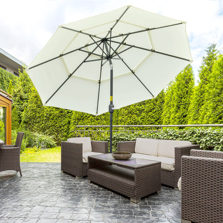 9ft 3 tiers patio umbrella outdoor market umbrella with crank, push button tilt for deck, backyard and lawn, beige