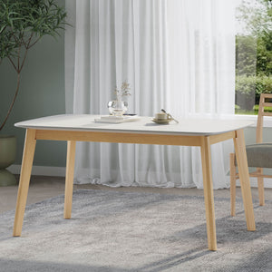 Dining Table With Splayed Rubberwood Legs & Faux Wood Tabletop, Mid Century Modern - White Oak