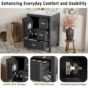 Bathroom Vanity With Sink, Soft-Close Doors, Double-Layer Shelf And 3 Drawers