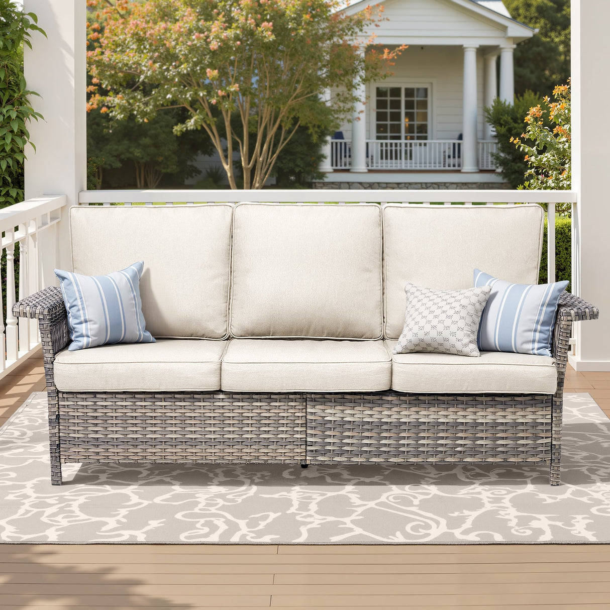 76.7" Wide Outdoor Wicker Patio Sofa with Armrests