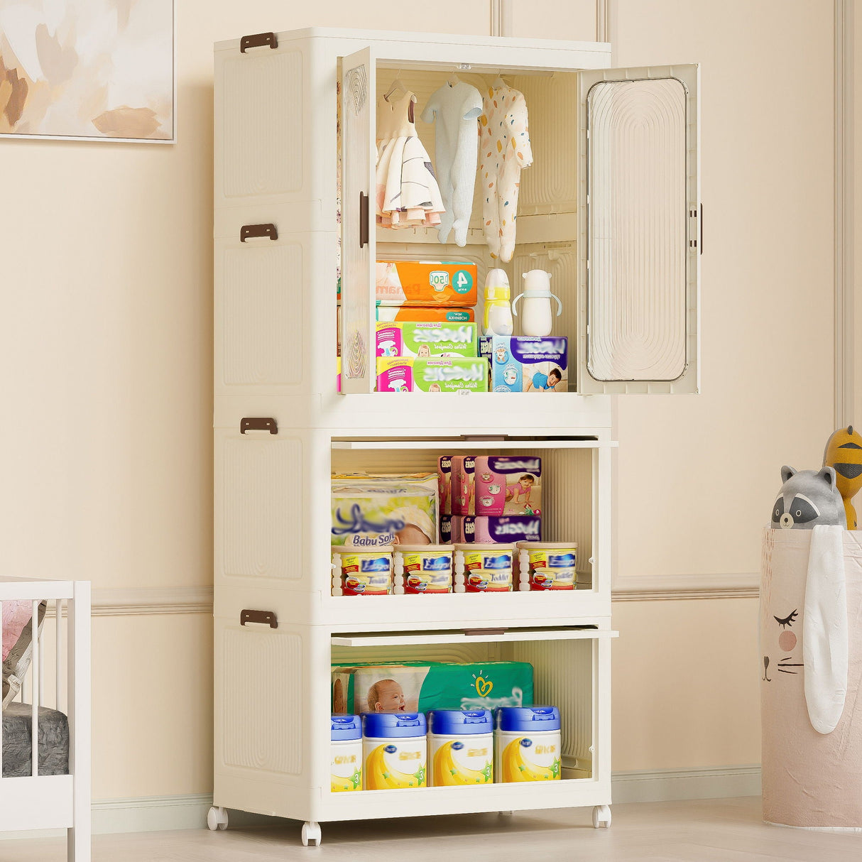 Portable Wardrobe Closet Storage Organizer With Magnetic Doors And Hanging Rod - Cream White