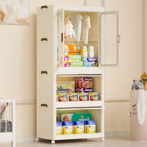 Portable Wardrobe Closet Storage Organizer With Magnetic Doors And Hanging Rod - Cream White