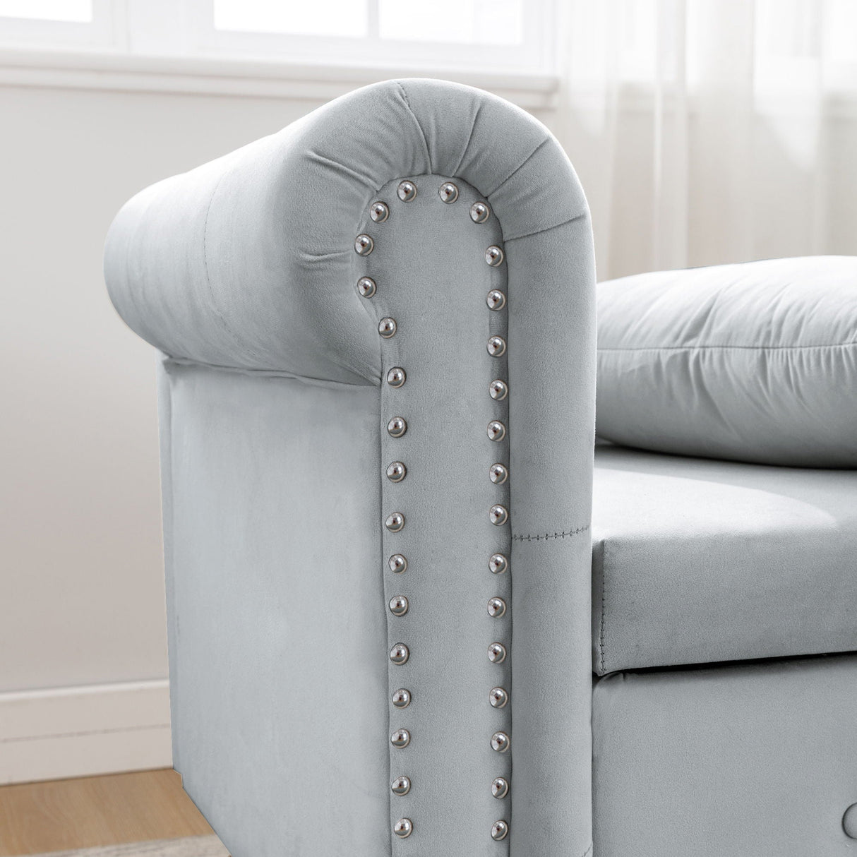 Chaise Lounge Indoor, Lounge Chair For Bedroom With Storage & Pillow, Modern Upholstered Rolled Arm Chase Lounge For Sleeping With Nailhead Trim For Living Room Bedroom Office