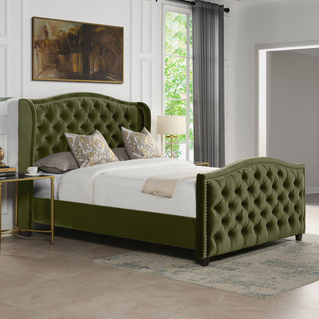 Marcella Upholstered Shelter Headboard Bed Set, Queen, Olive Green Performance Velvet