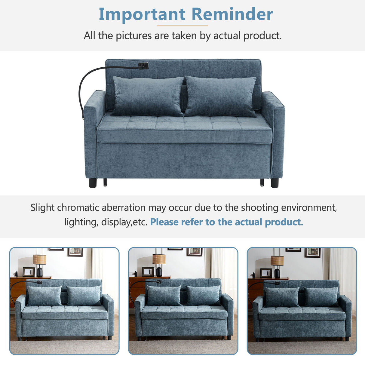 Pull-Out Sleeper Sofa With Reversible Backrest Cushion, Side Pockets, 2 USB Ports And A Phone Holder For Living Room