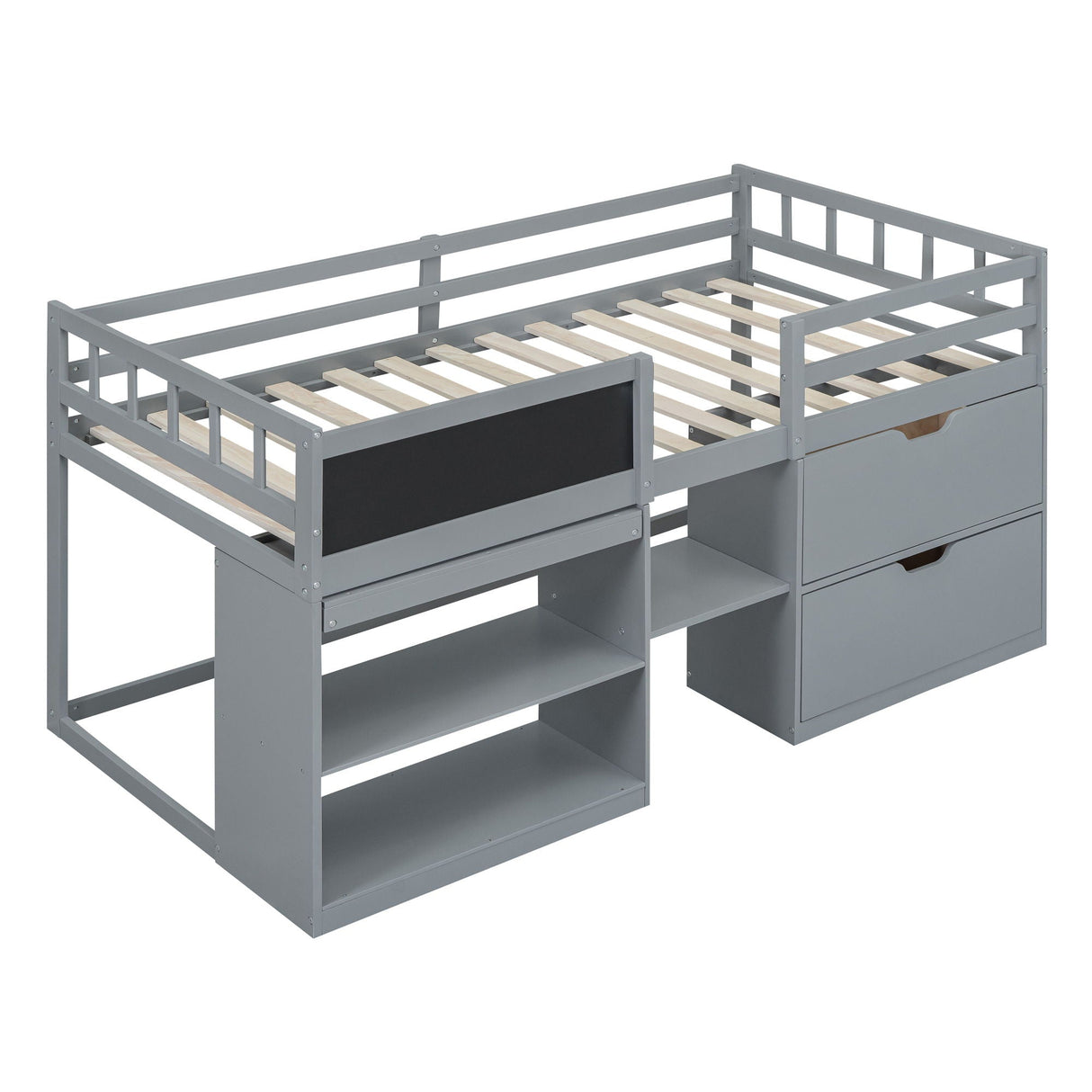 Low Loft Bed With Rolling Desk, Shelf And Drawers
