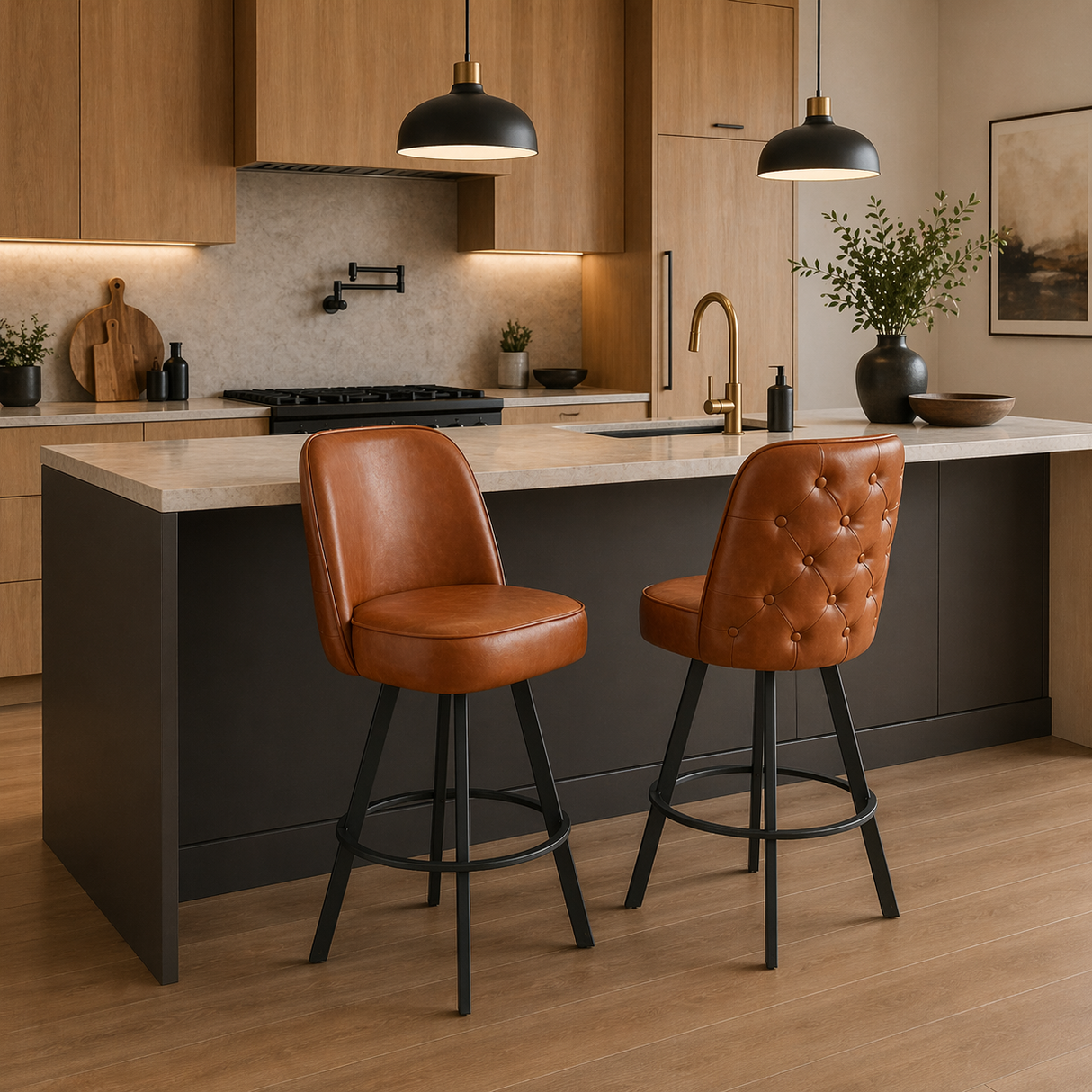 Set of 2 Commercial Grade Swivel Button-Tufted Back Bar Stools