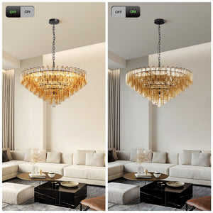 Modern Round 14-Light Black Chandelier with Smoke Glass Tubes