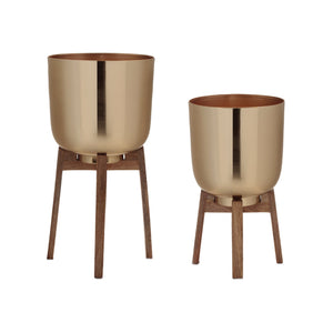 Round-Metal-Planter-with-Wooden-Stand-(Set-of-2)-Pots-&-Planters
