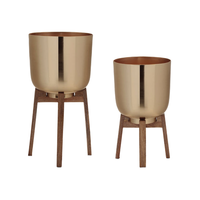 Round-Metal-Planter-with-Wooden-Stand-(Set-of-2)-Pots-&-Planters