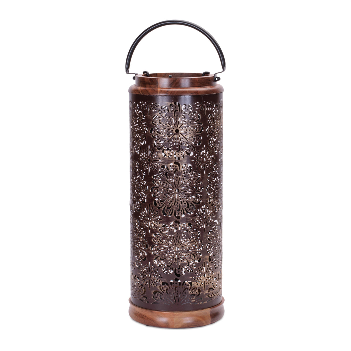 Punched metal lantern with natural wood accents 19"h