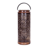 Punched metal lantern with natural wood accents 19"h