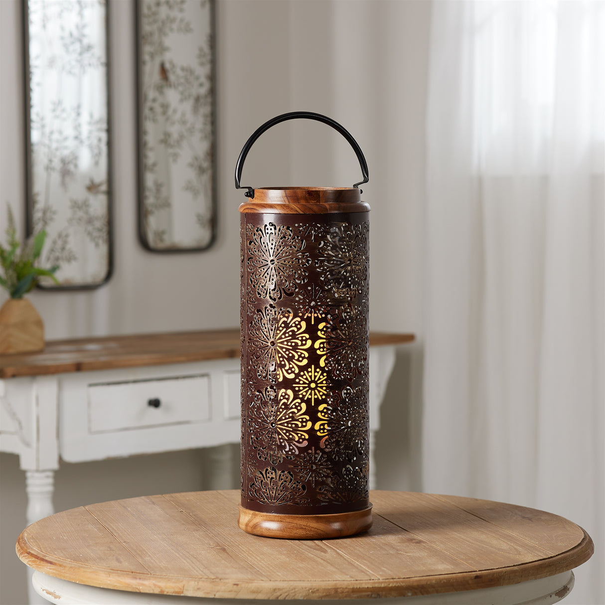 Punched metal lantern with natural wood accents 19"h