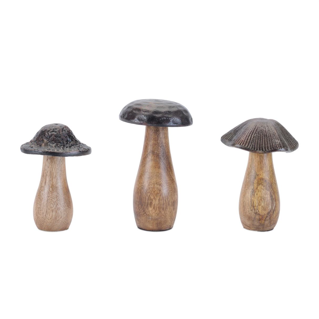 Wood-mushrooms-with-aluminum-top-(set-of-3)-Decorative-Objects