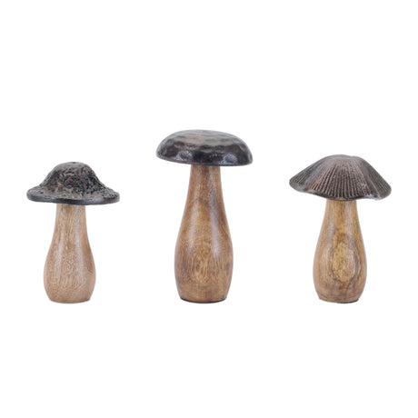 Wood-mushrooms-with-aluminum-top-(set-of-3)-Decorative-Objects