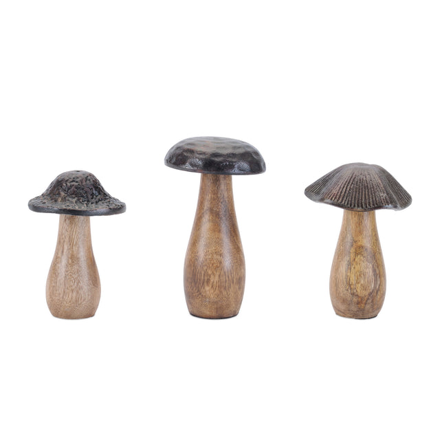Wood-mushrooms-with-aluminum-top-(set-of-3)-Decorative-Objects