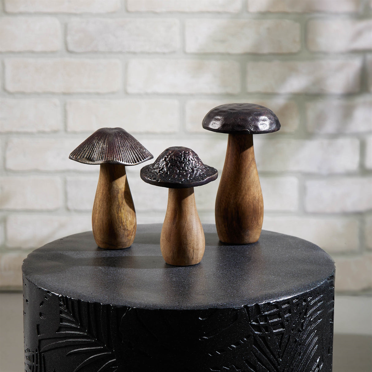 Wood mushrooms with aluminum top (set of 3)