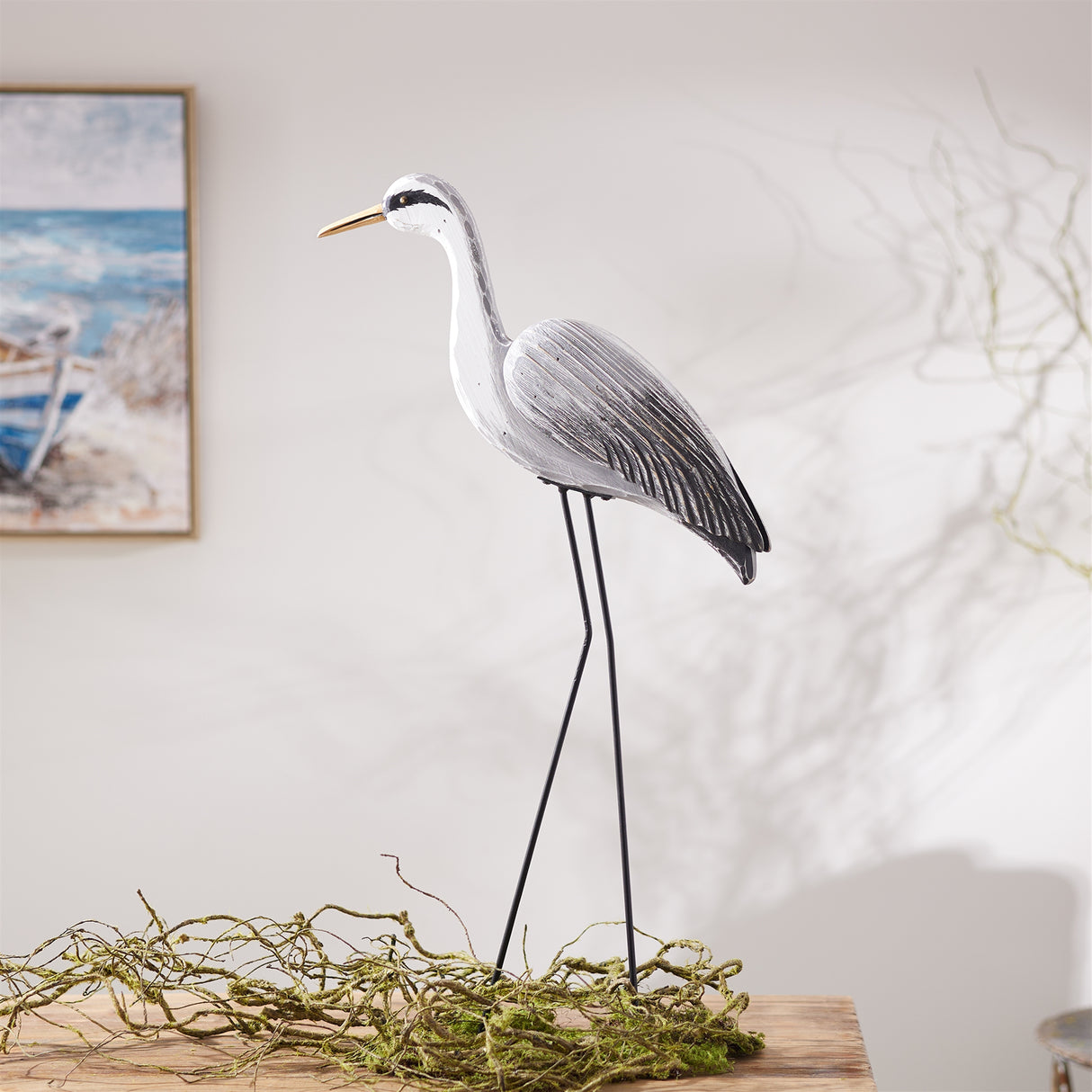 Paulownia wood heron bird statue with metal legs base 29.5"h