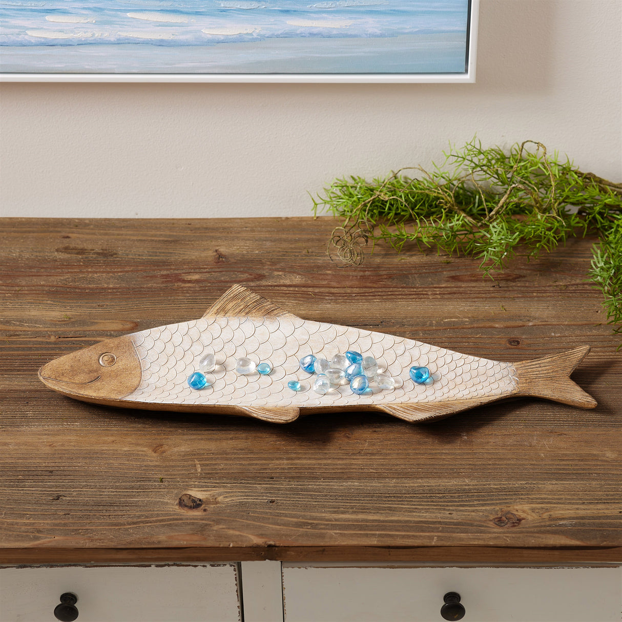 Ceramic etched fish tray 22.5"l