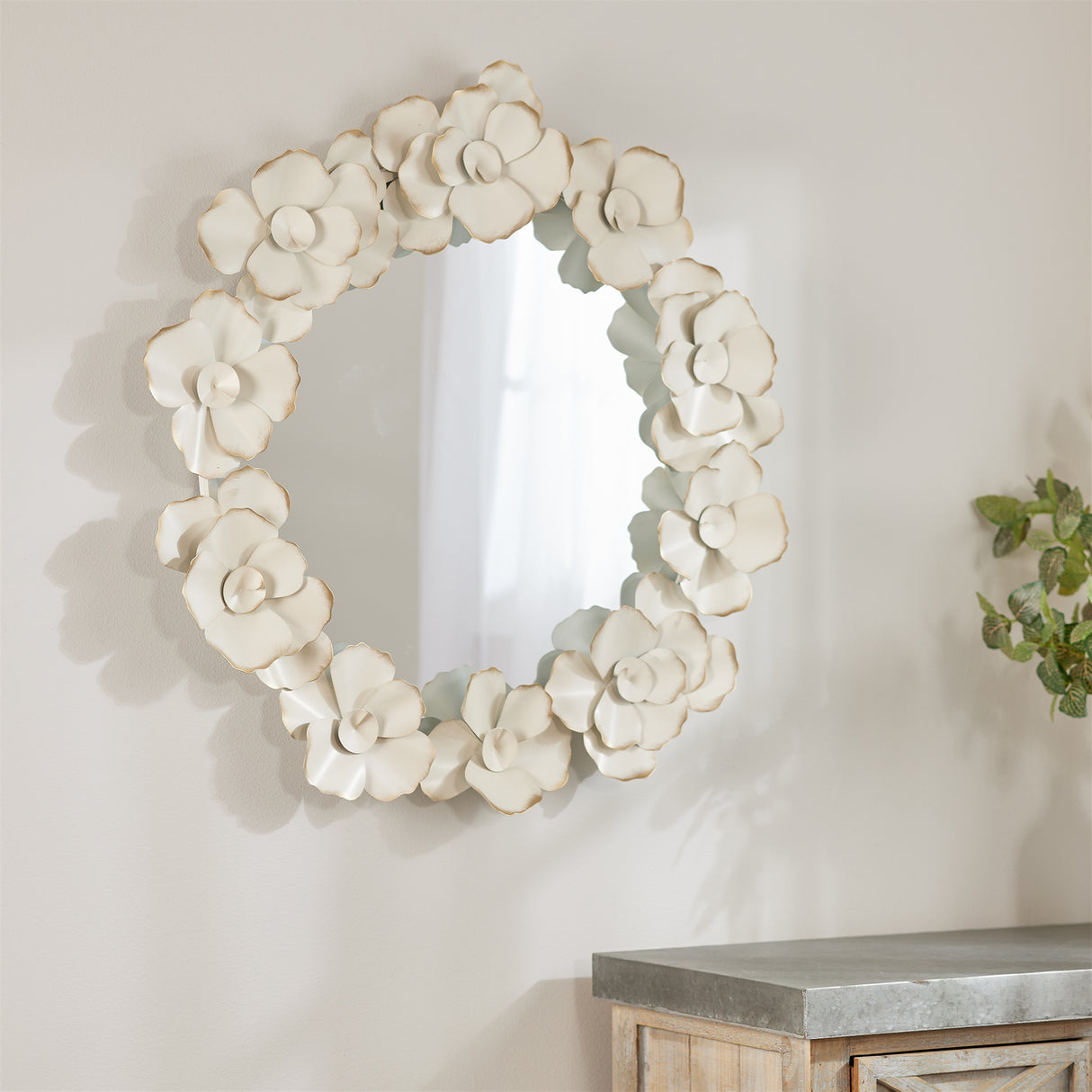 Metal floral sculpture wall mirror 32"d
