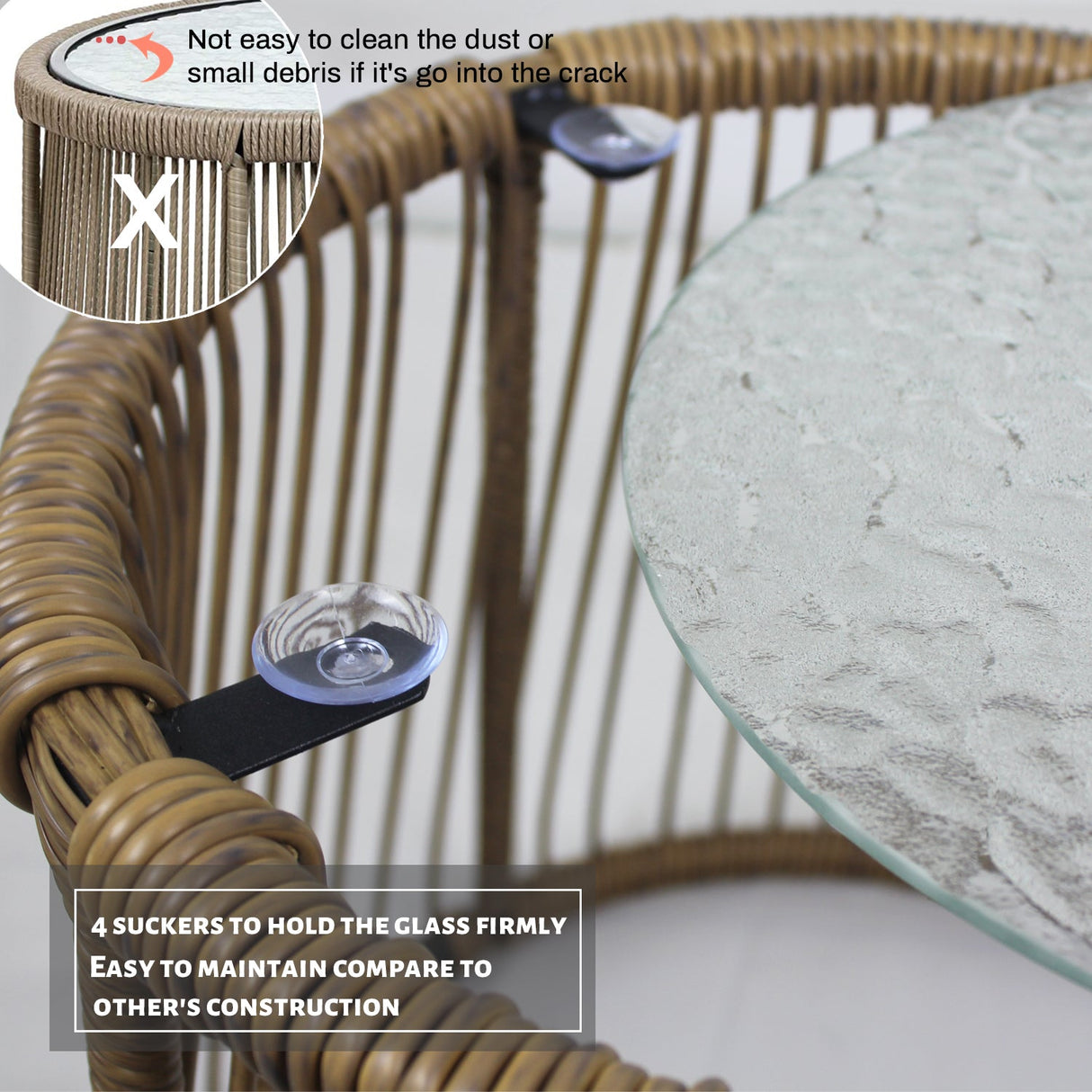 6PCS Outdoor Patio Balcony Natural Color Wicker Sofa Chair Set with Beige Cushion and Round Tempered Glass Table