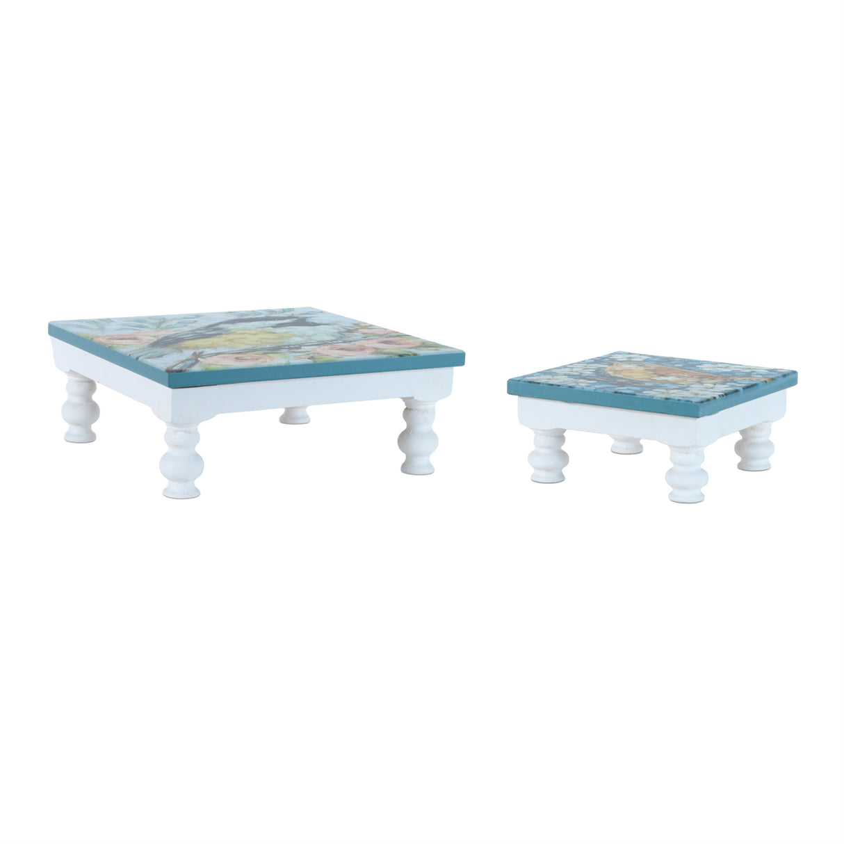 Wooden floral bird pedestal tray (set of 2)