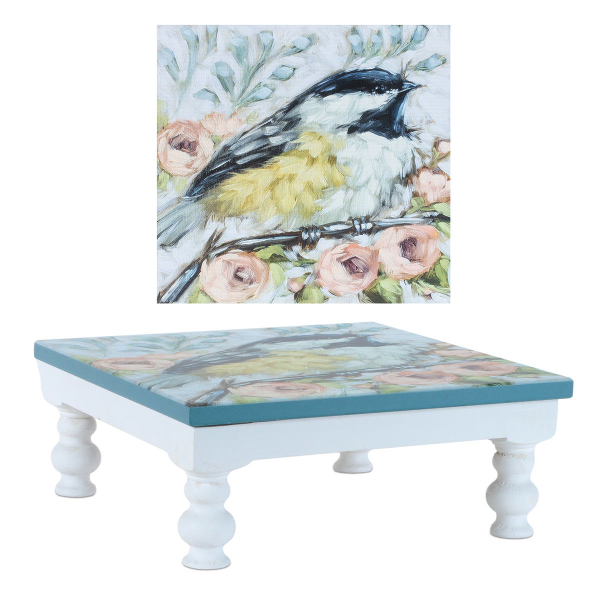 Wooden floral bird pedestal tray (set of 2)