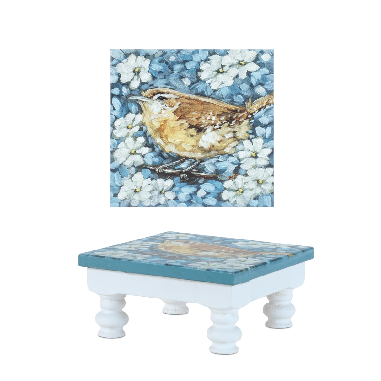 Wooden floral bird pedestal tray (set of 2)