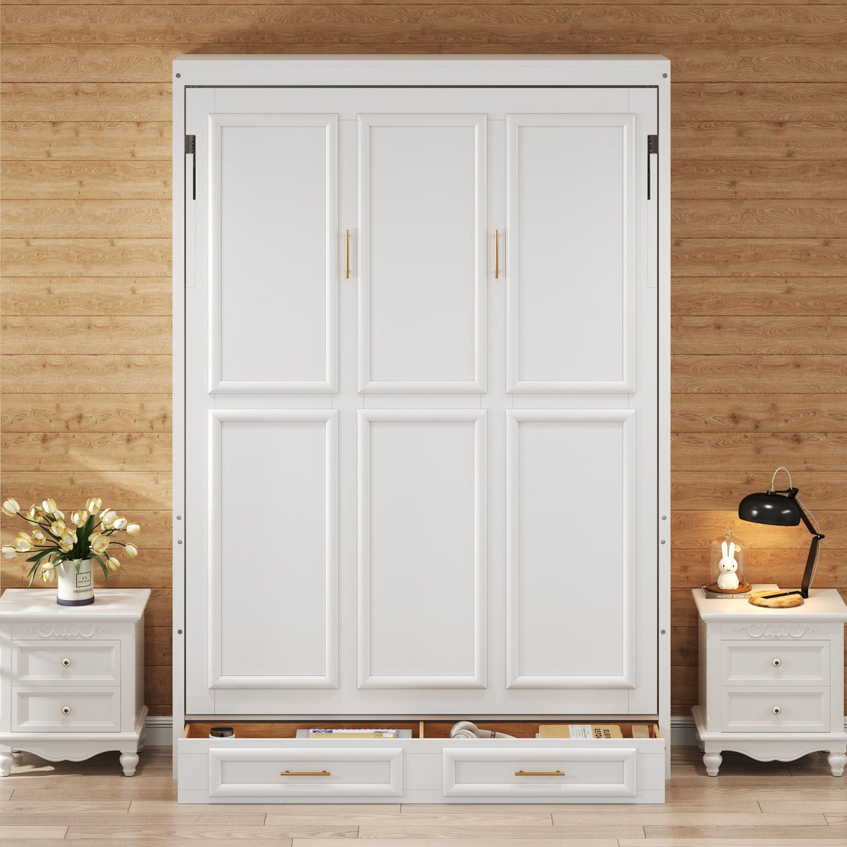 Full Size Murphy Bed With 2 Drawers - Beige