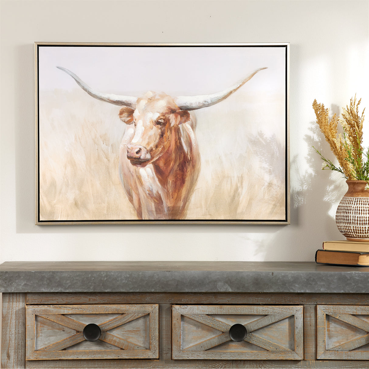 Framed long horn cattle wall art 28"l