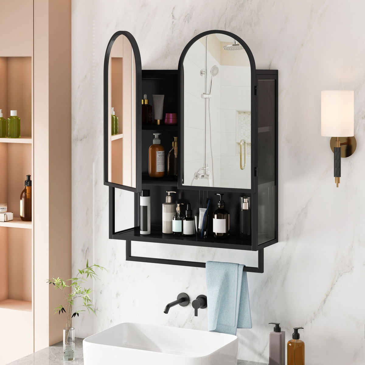 Double Arched Mirror Wall Cabinet With 2 Doors, Featuring Adjustable Shelves And Towel Rack
