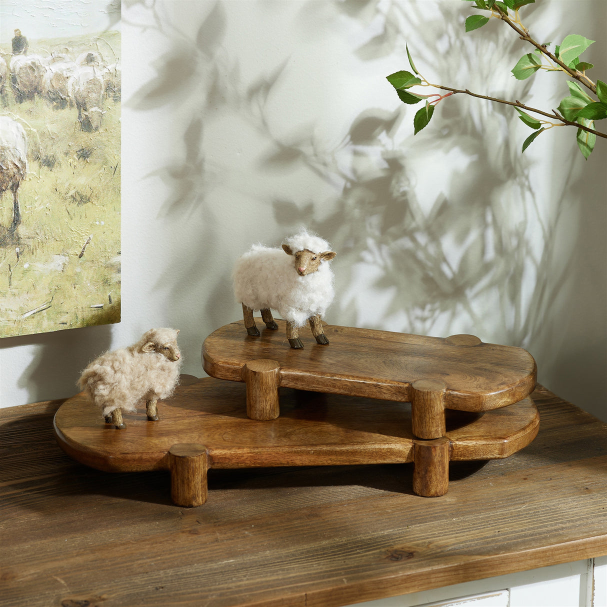 Mango wood pedestal tray (set of 2)