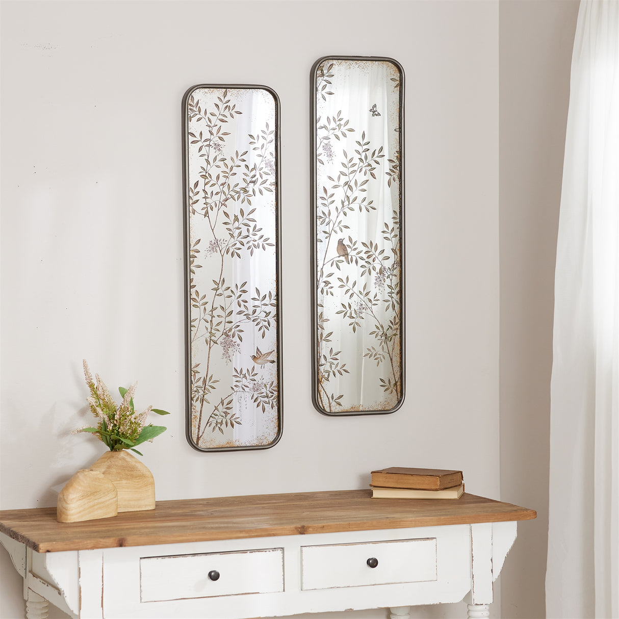 Wall mirror with bird and floral foliage print (set of 2)