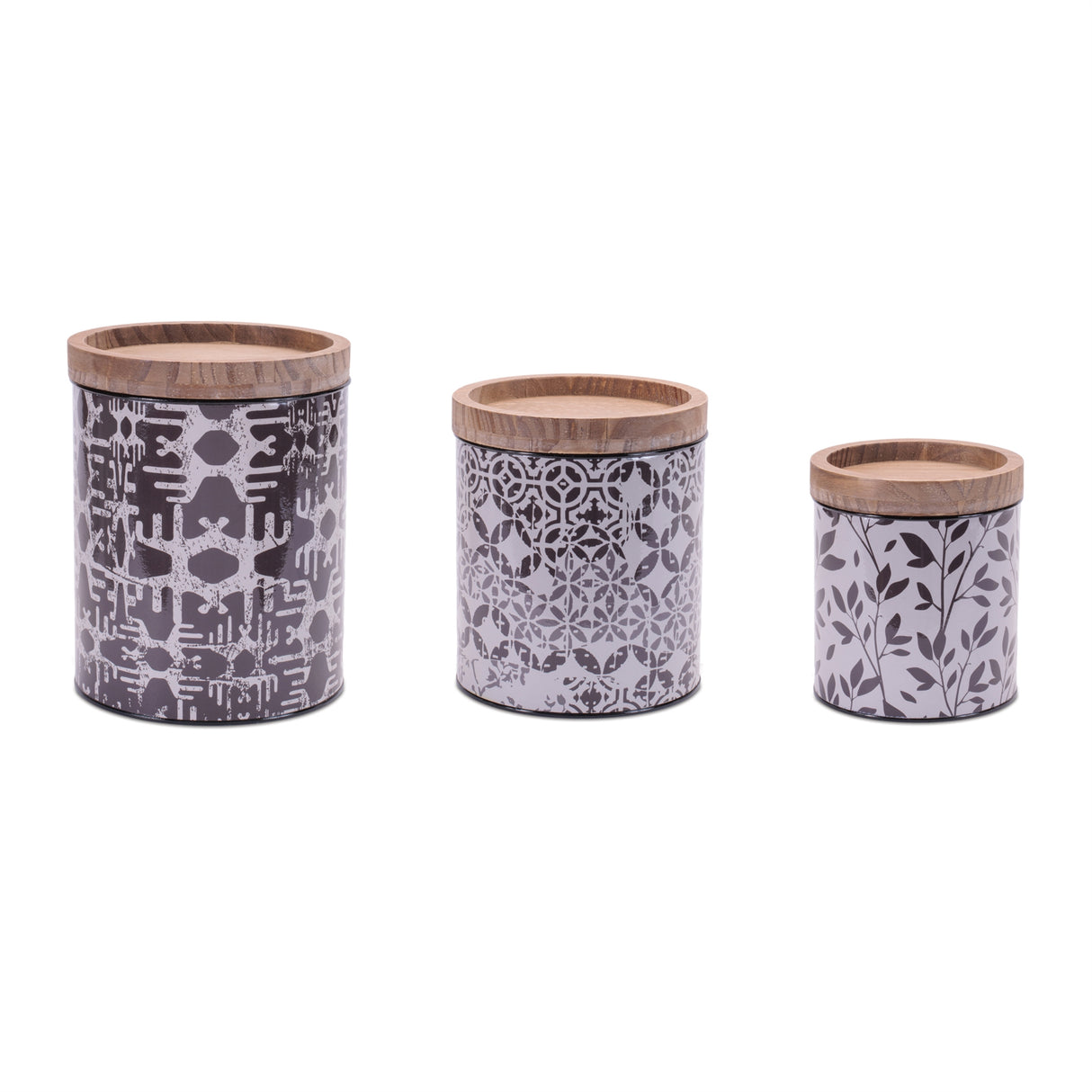 Metal-patterned-canister-with-natural-wood-lid-(set-of-3)-Decorative-Objects
