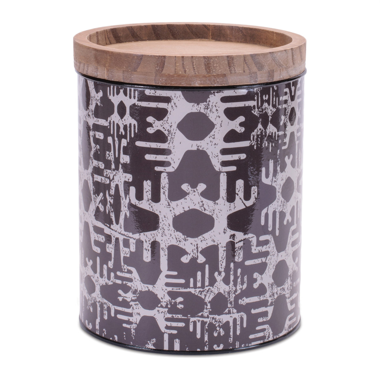 Metal patterned canister with natural wood lid (set of 3)