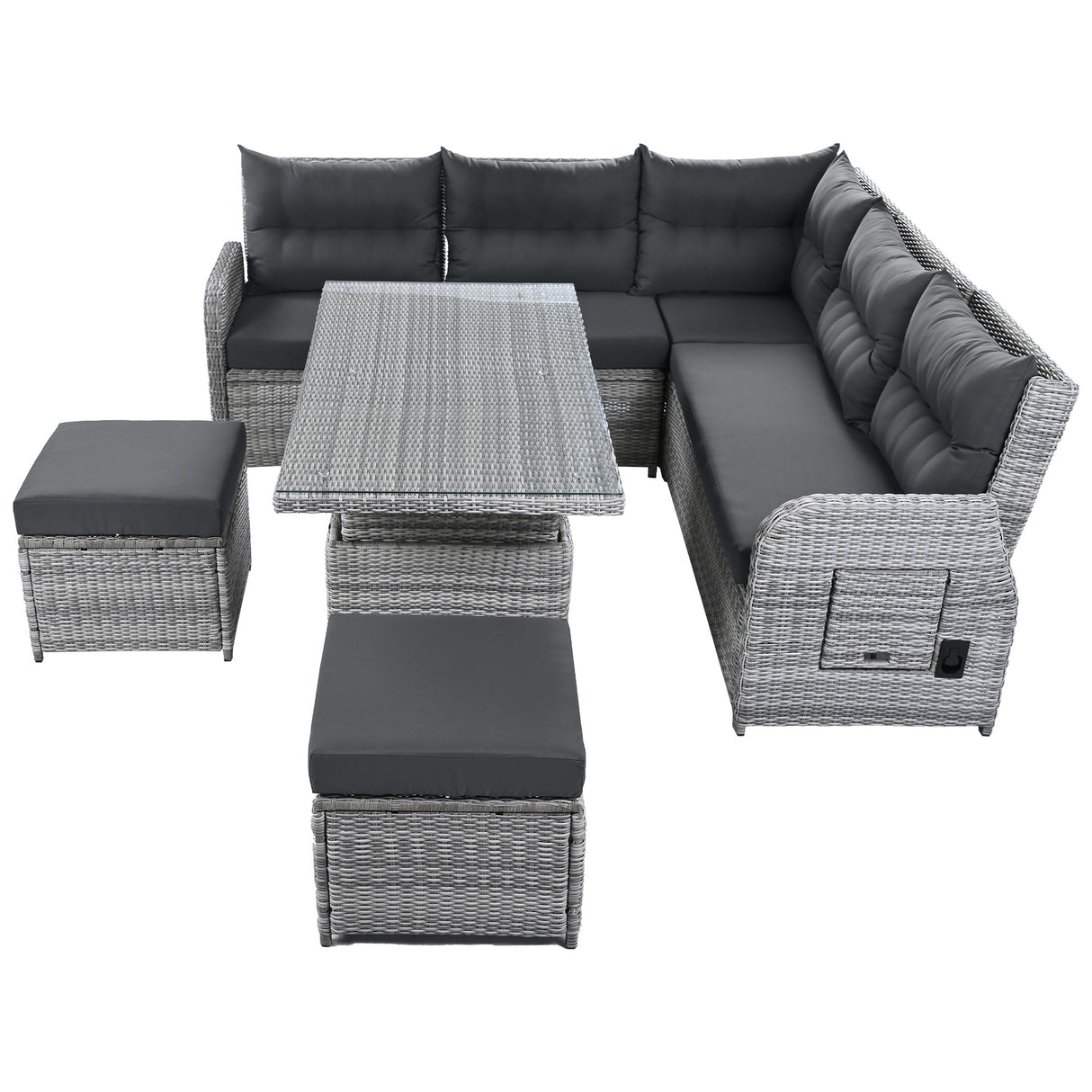 Outdoor Furniture Set Patio Rattan Furniture with Adjustable Table, Recliners, Side Tables, Ottomans