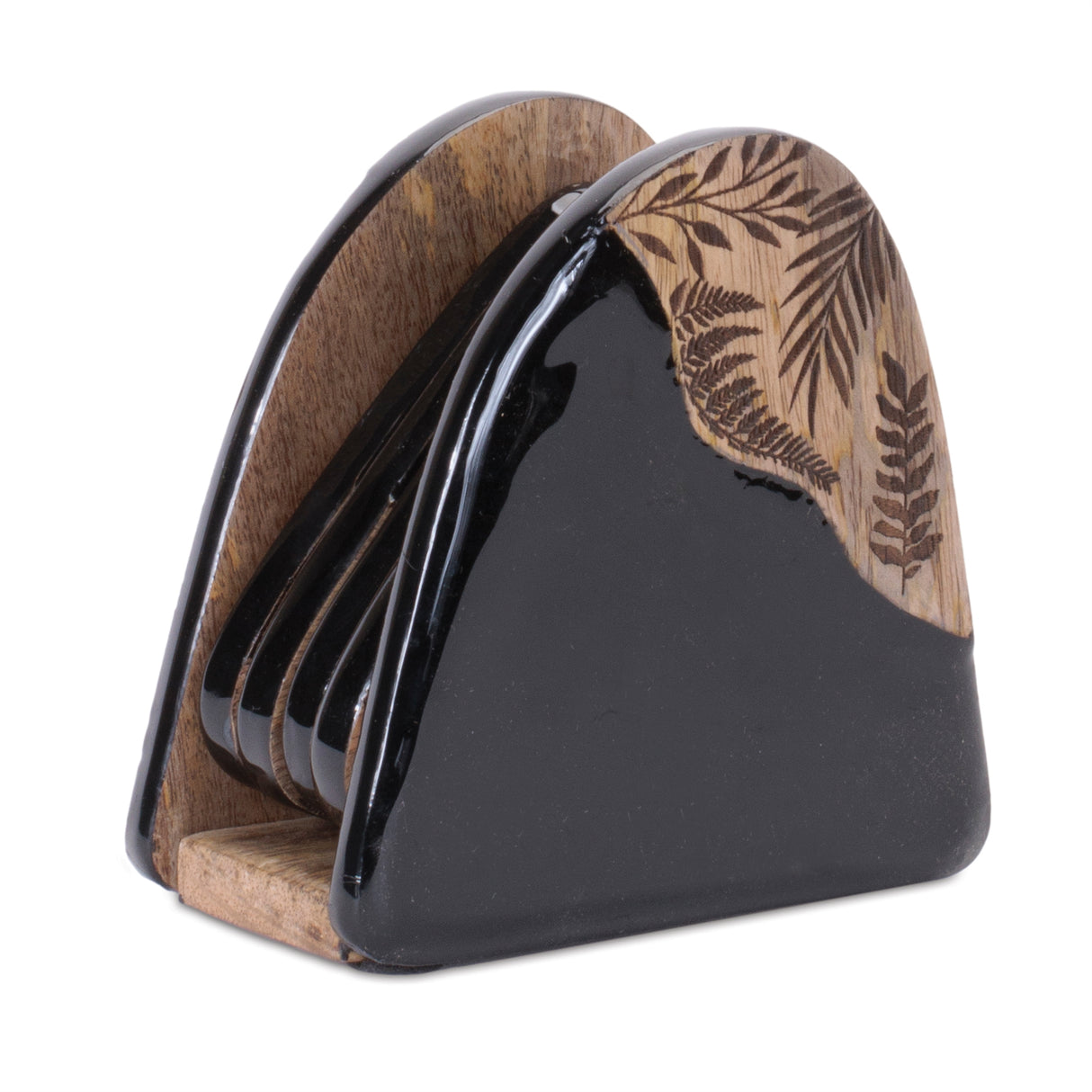 Floral-etched-wood-coaster-with-holder-(set-of-4)-Decorative-Objects