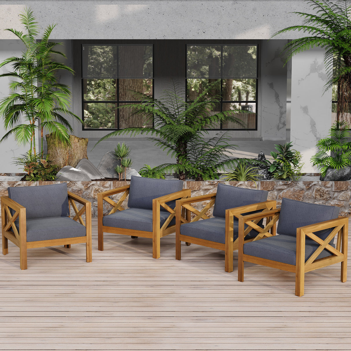 Outdoor Acacia Wood Club Wooden Armchair with Cushions (Set of 4)
