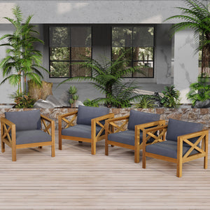 Outdoor Acacia Wood Club Wooden Armchair with Cushions (Set of 4)