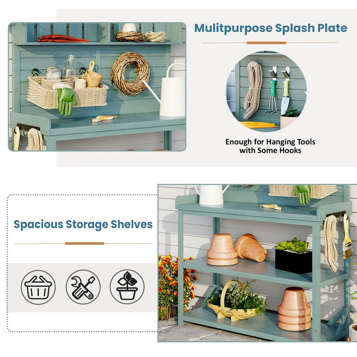 TOPMAX 65' Large Wooden Farmhouse Rustic Outdoor Potting Bench Table