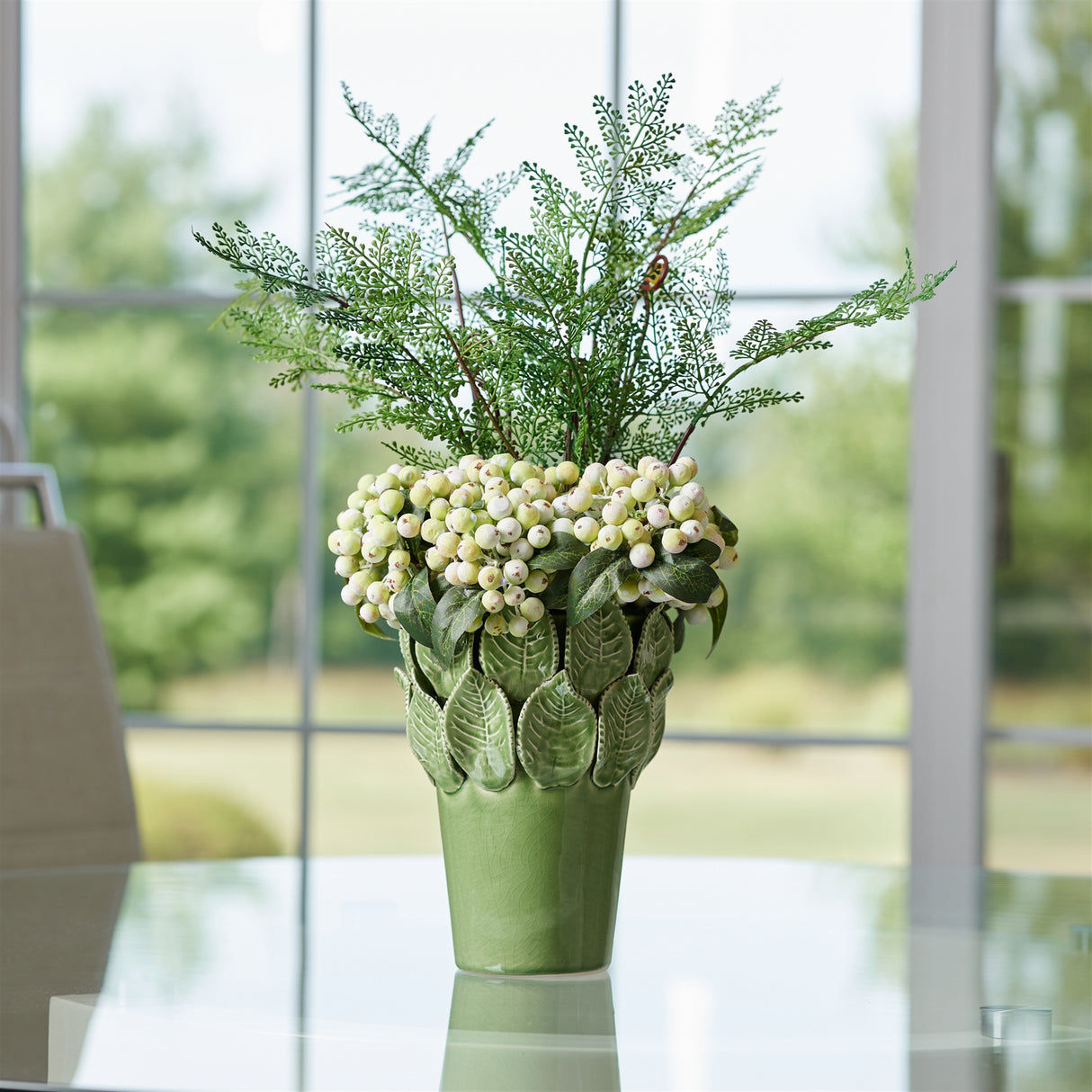 Stoneware vase with leaves accent 7.5"h