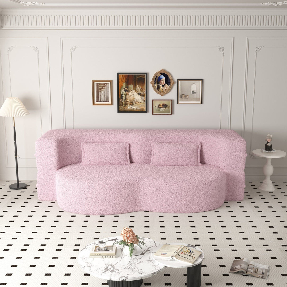 Modern Floor Sofa with 2 Pillows, Convertible Teddy Fabric Foam Filled Bed